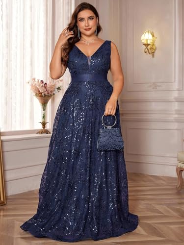 Plus Size Sleeveless Glitter Sequined Womens Long Formal Gown Aline Wedding Guest Dress Floor Length Evening Dresses3
