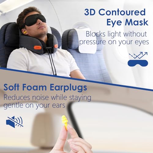 Image of jiaao Travel Pillow Memory Foam Neck Pillow for Airplanes with Adjustable Neck Support, Includes Eye Mask, Earplugs & Storage Bag - Perfect for Flights, Road Trips, and Trains