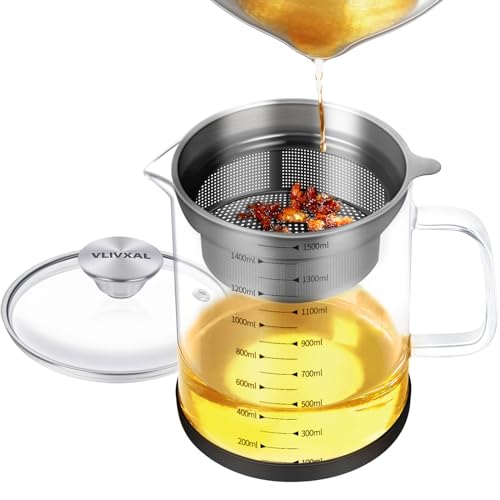 VLIVXAL Bacon Grease Glass for Used Cooking Oil Filter, Soy Milk Filter Strainer and All purpose Strainer (50oz/1.5L)