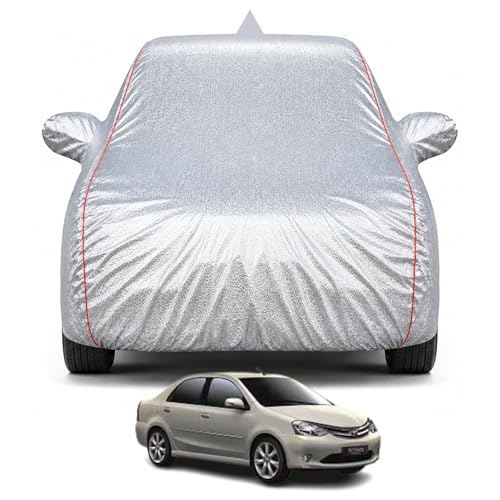 Image of Premium Car Cover for Toyota Etios (2010-2020) Model | 100% Waterproof, UV & Dust Protection | Mirror & Antenna Pocket | Triple Stitched, Soft Inner Lining, Belt & Buckle (Metalic Silver)