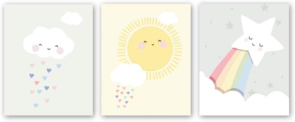 Cute Baby Kids Room Nursery Funny Wall Art Print，Set of 3 Art Poster （8" x10"），Cartoon Cloud Sun Star Canvas Watercolor Painting Modern Nordic Home Decor,Unframed
