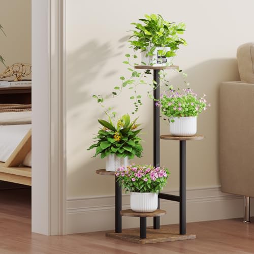Homsorout Pflanzenständer mit Grow Lights, 4-stöckiger Indoor-Pflanzenständer, Metall mit hängenden Korbhaken, ideal für Wohnzimmer, Garten, Terrasse (Schwarzbraun)