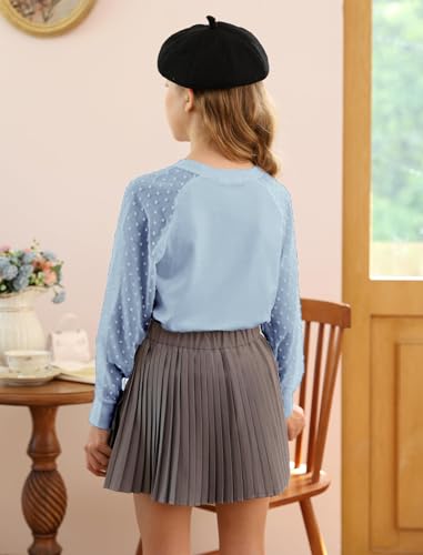 Image of Yekaty Girls Shirts Casual Solid Color Crewneck Blouses Soft Long Sleeve Swiss Dots Chiffon Tops