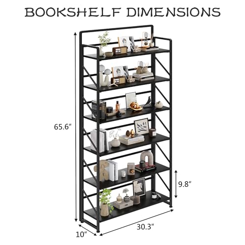 Image of JSB 6 Tier No Assembly Folding Bookshelf, 30.3 inch Wide Foldable Storage Bookcase for Home Office, Space-Saving Storage Shelf for Living Room (Black)
