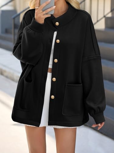 Yousify Womens Oversized Button Down Sweatshirts Jackets Casual Stand Collar Lantern Sleeve Coats Trendy Fall Outerwear2