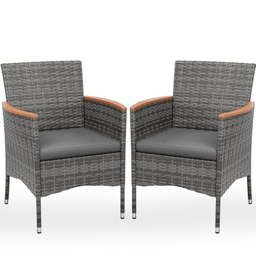UDPATIO Gartenstühle 2er Set Rattan mit Kissen, Wetterfeste Gartenmöbel, Gartenstuhl Hochlehner für Balkon Terrasse, Outdoor Lounge Sessel, 60 * 59 * 85cm, Grau