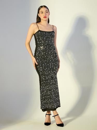 Image of SHOWOFFFF Women Embellished Bodycon Party Dress | Round Neck Sleeveless Nylon Dress for Womens | Maxi Dress for Women's