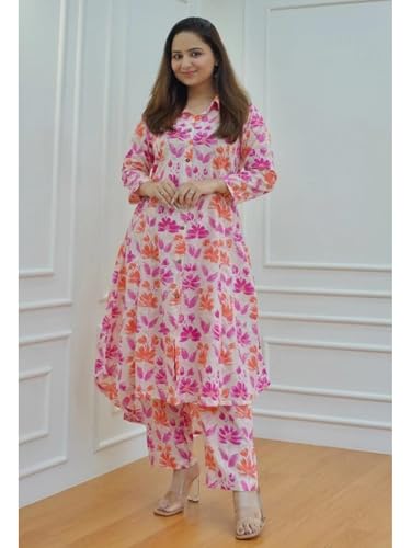 Image of DHRUVI TRENDZ Anarkali Kurta-Set for Women - Viscose Rayon Printed Kurta & Straight Pant | Festive Ethnic Indian Traditional Outfit for Functions & Puja | Lightweight Two Piece Dress for Daily Wear & Holiday Look | 3 /4 Sleeve