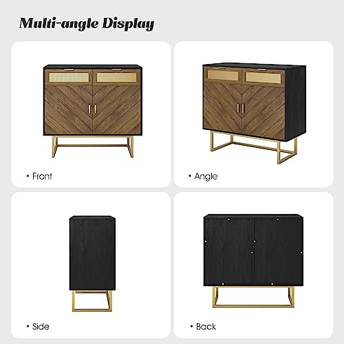 Hulala Home Modern Storage Cabinet With Metal Legs, Farmhouse Accent Cabinet With Drawers & Adjustable Shelves, Wood Sideboard Cabinet For Living Room Bedroom Kitchen Hallway, Black #TOP2