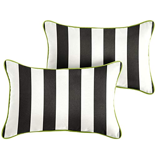 Sorra Home Outdoor Sunbrella Pillow Set, 12 in x 18 in, Black White Stripe with Macaw Green