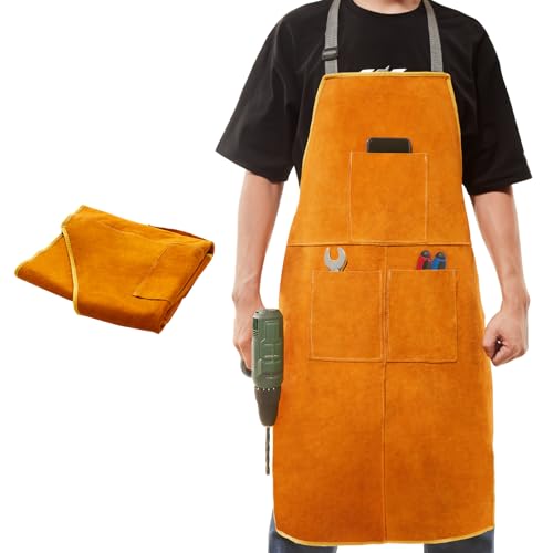 CROWNSHOP Tool Aprons Work Apron 62.5X88cm Leather Welding Work Aprons Heat and Flame Resistant with 3 pockets Woodworking Fireproof Canvas Apron Heavy Duty Workshop Aprons for Welders and Blacksmiths