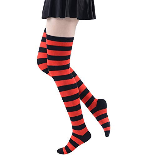 MK MEIKAN Red Thigh High Socks, Cotton Over Knee Socks Over Knee High Socks Boot Socks for Women Sexy Stockings for Cosplay Costumes Colorful Rainbow Cozy Long Cute Socks, Red Black Striped