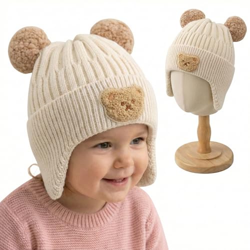 Image of Kraptick Children's Pompom Winter Warm Caps for Toddlers & Kids, Soft Knitted Beanie with Warm Earflaps, Cute Teddy Bear Design, Unisex Baby Woolen Hat-2