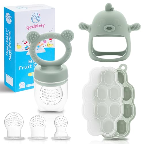 Image of Baby Fruit Feeder & Breastmilk Popsicle Mold Set – 3 Pack Silicone Teething Relief Kit with Food Feeder Pacifier, Freezer Tray with Lid & Baby Teether Toy (Pea Green)