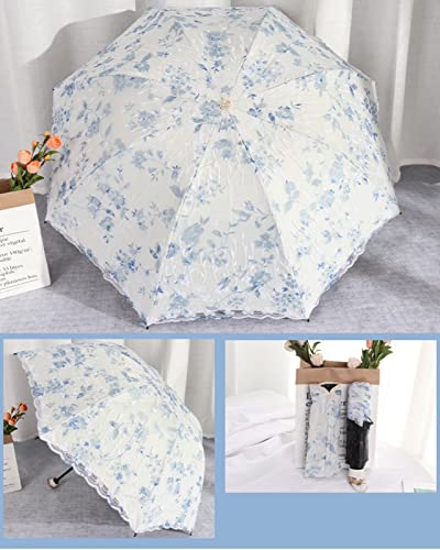 Honeystore Travel Sun Parasol 3 Folding Brolly Anti-Uv Sunshade Vintage Umbrella 835-Blue #TOP1