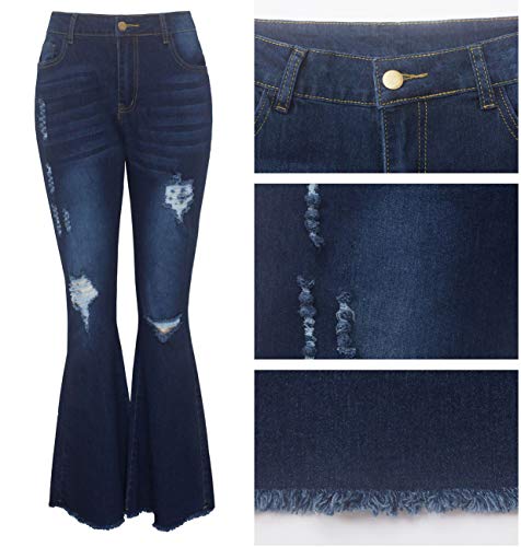SeNight Women Bell Bottom Jeans Elastic Waist Ripped Flared Jean Destroyed Raw Hem Denim Pants3