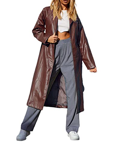 Damen Lederjacke Trenchcoats Casual Taillengürtel Krawatte Revers Langarm...