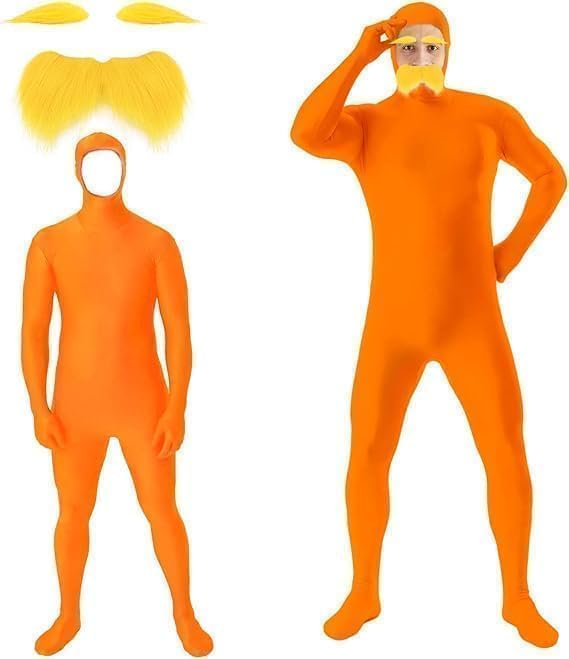 1-2PC Orange Jumpsuit Costume Adult Yellow Mustache and Eyebrows Jumpsuit Halloween Costumes Men Full Body Open Face Orange Bodysuit Cosplay Costume