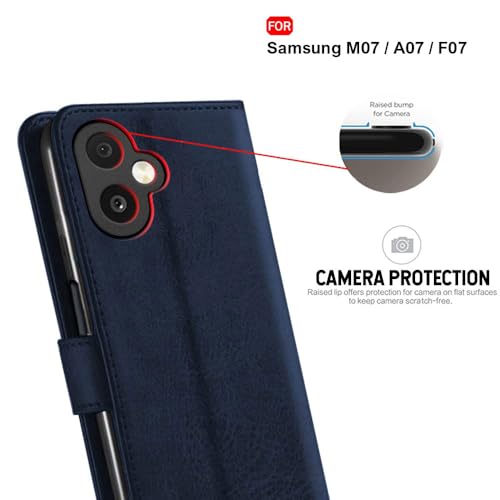 Image of TheGiftKart Flip Cover Back Case for Samsung Galaxy M07 / F07 | Genuine Leather Finish | Designer Button | Inbuilt Pockets & Stand | Wallet Style Flip Back Cover Case (Faux Leather, Blue)