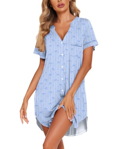 Image of Ekouaer Nightgowns for Women Button Down Night Gown Short Sleeve Sleepshirt | V Neck Nightshirt Soft Sleepwear Pajams Dress for Night, Sleep, Bedroom, Labor, Delivery, Maternity, Nursing, Hospital