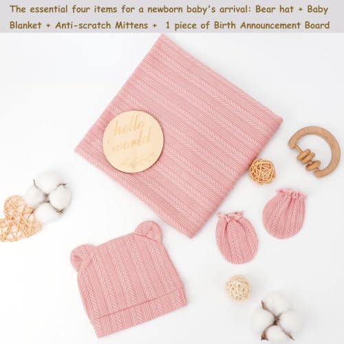 Image of DRESHOW BQUBO Newborn Receiving Blankets for Baby Girl Boy Swaddle with Bear Hat No Scratch Mittens Announcement Card Set for 0-3 Months