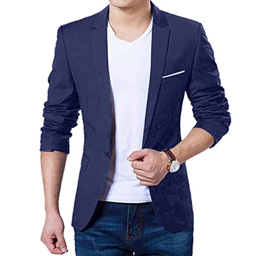 Men's Casual Suit Blazer Jackets Lightweight Sports Coats One Button Slim Fit Formal Suit Solid Jacket Blue S