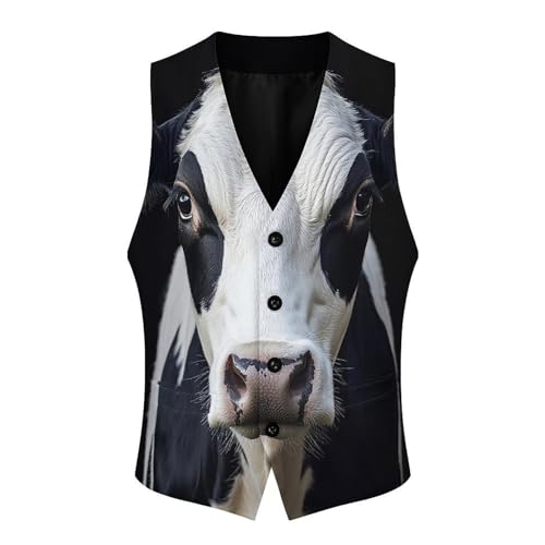 Close Up of Black White Cow Men's Suit Vest Slim Fit V-Ncek Waistcoat Business Casual Vest4