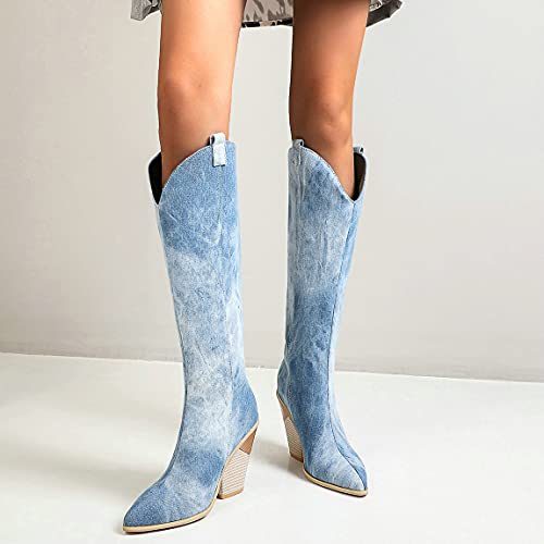 Trendenzy Women's Chunky Knee High Cowgirl Boots Pointed Toe High Heel Western Boots2