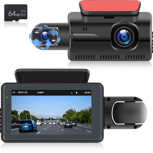 NHOPEEW 1440P Full HD Dashcam con Lente Dual - Pantalla de 3 Pulgadas Dash CAM Soporta Grabación en Bucle/Visión Nocturna/Monitor de Aparcamiento / 150°Ángulo Ancho + Tarjeta SD 64G