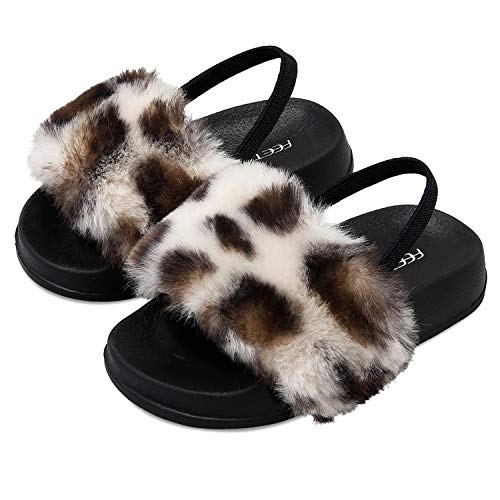 FEETCITY Furry Sandals Girls Faux Fur Slide Toddler Fuzzy Slippers Comfort with Elastic Strap 8.5 Toddler Leopard