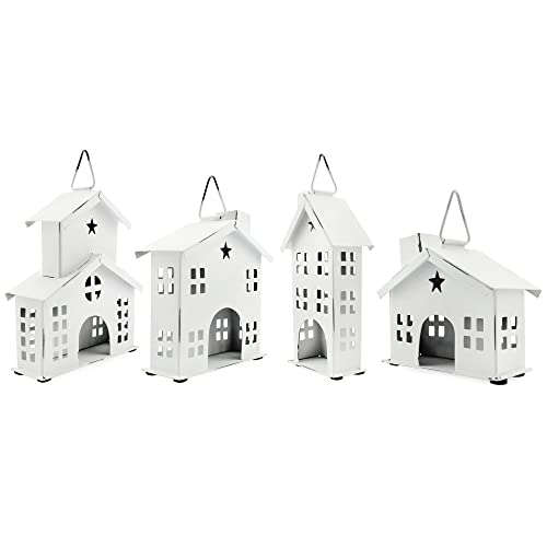 Auldhome Rustic White Tin Ornaments (Set Of 4 Houses, White); Vintage Style Metal Christmas Tree Decorations #TOP7