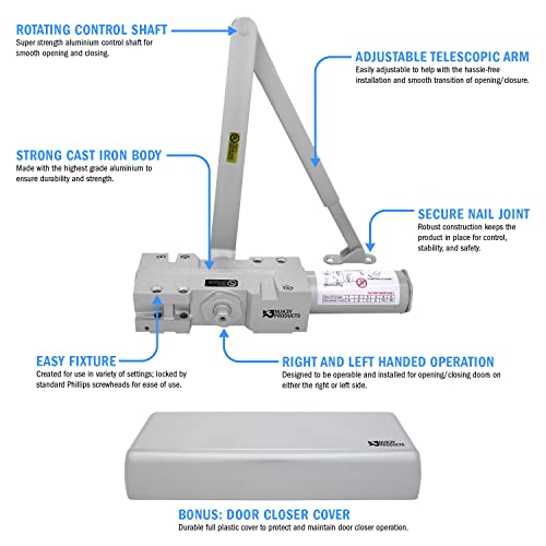 Nuk3Y 4400 Series Grade 1 Cast Iron Door Closer, Multi-Mount, Adjustable Size 1-6, Ada Compliant, Ul Listed (Aluminum) #TOP3