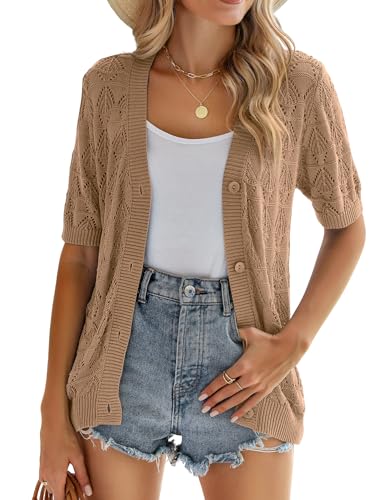 Image of Zeagoo Women's Short Sleeve 2026 Summer Crochet Cropped Cardigan V Neck Button up Bolero Shrug Sweater