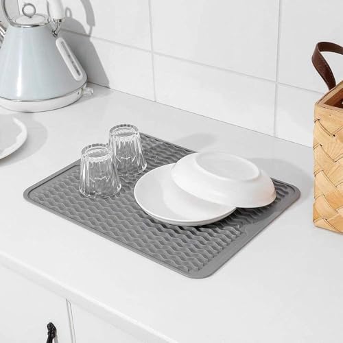 Image of HROY Silicone Dish Drying Mat for Kitchen Counter BPA Free Easy Clean Heat Resistant Draining Rack, Dishwasher Safe (40 * 30 cm Modern)