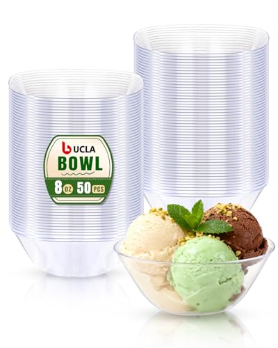 bUCLA 50Pack Clear Plastic Small Bowls - 8oz Disposable Ice Cream/Salsa/Dipping/Dessert/Sauce/Small Serving Bowls for Party