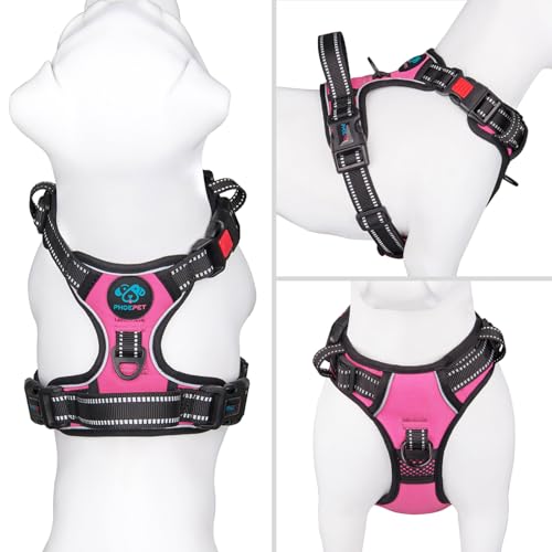 PHOEPET Hundegeschirr ohne Zug für kleine Hunde, reflektierende, verstellbare Front-Clip-Weste mit Griff, 2 Metallringe, 3 Schnallen [leicht an- und auszuziehen] (S, Rosa)