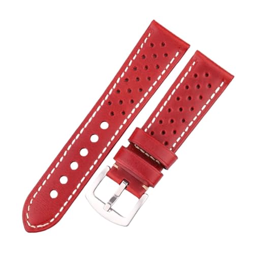 [KKTHRFFKK] Breathable Genuine Leather Watch Strap Cowhide Band With Deployment Clasp 18mm To 24mm(Red Pin Buckle,18mm)
