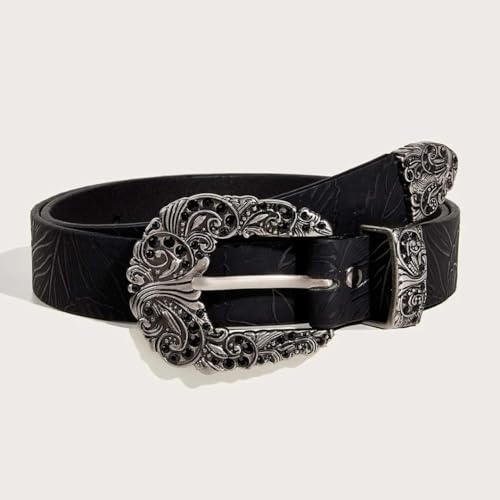 Women's Western Floral Engraved Embossed Leather Belt Waist Strap with Rhinestones Filigree Pin-Buckle for Daily Wear3