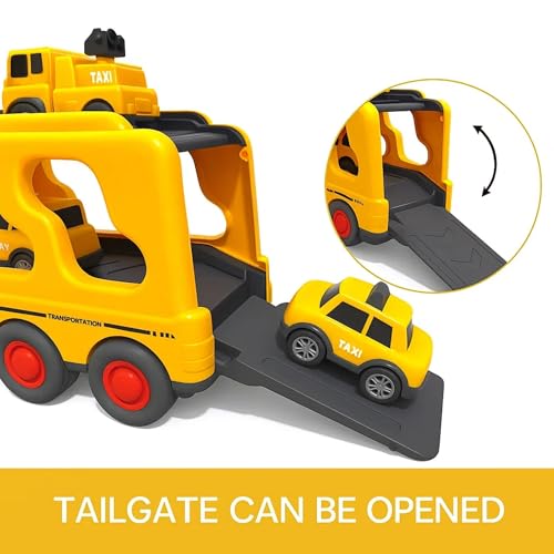 Image of GRAPHENE 5-in-1 Pull Back Friction-Powered Transport Truck Set Light & Music Montessori Carrier Educational Vehicle Mini Helicopter Taxi Toy Boys & Girls Fun Birthday Gift for Kids Ages 3+8years
