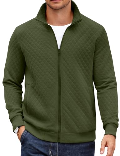 COOFANDY Mens Zip Up Sweatshirt Jacket no Hood Quilted Sweatshirt Casual Lightweight Jacket Mock Neck Sweater Cardigan Army Green