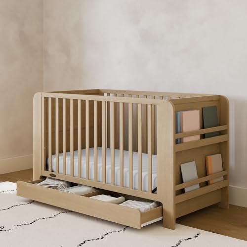 Image of Graco Read-with-Me 4-in-1 Convertible Crib with Drawer - GREENGUARD Gold Certified Converts to Toddler Bed, Daybed, and Functional Bookshelves (Driftwood)