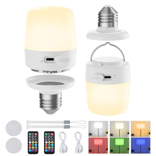 Minetom E26 Rechargeable Light Bulbs with Remote and Timer, Battery Backup Bulb with 12 Colors and Brightness Dimmable, 2300mAh 40W Equivalent LED Light Bulbs for Lamps Sconces Camping, 2 Pack