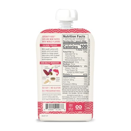 Serenity Kids 6+ Months World Explorers Baby Food Puree with Ethically Sourced Meats & Organic Veggies - Salmon Teriyaki - 3.5 Ounce BPA-Free Pouch, 6 Count