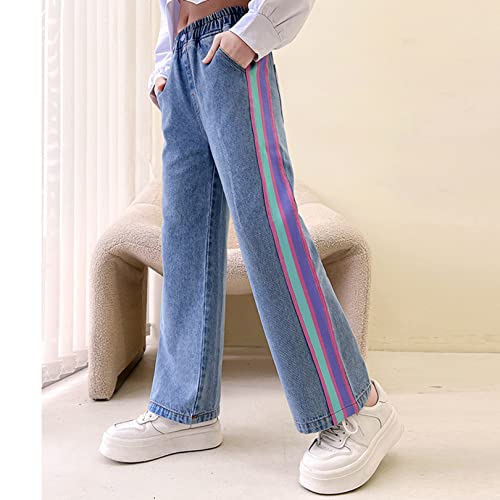 FEESHOW Kids Girls Stripe Patchwork Jeans Elastic Waist Wide Leg Denim Long Pants Trousers for Daily Wear3