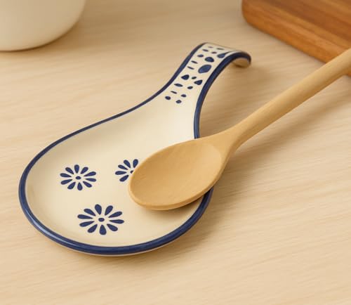 Image of Maya | Hand-Painted Ceramic Spoon Rest - Blue Floral Design, Large Cutlery Holder for Kitchen & Tableware, Pack of 1 (Blue)
