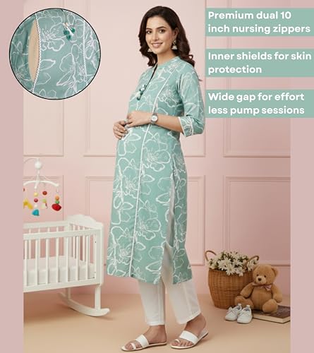 Image of DUMMY SHAPE Maternity Dresses for Women Cotton | Floral Kurta Pant Dupatta Set with Nursing Zippers, Side Pocket | Pre & Post Pregnancy | Feeding Kurti Suit | Baby Shower | Gifts for Pregnant Woman