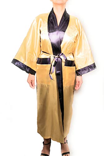 THY COLLECTIBLES Unisex Reversible Silk Satin Robe Kimono Relaxation Bathrobe Dragon Embroidered Night Gown