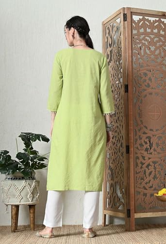Image of Amazon Brand - Tavasya Women Cotton Katha Straight Regular Fit Kurta | Solid Ethnic Kurti | 3 /4 Sleeve Casual & Office Wear |Kurta for Women