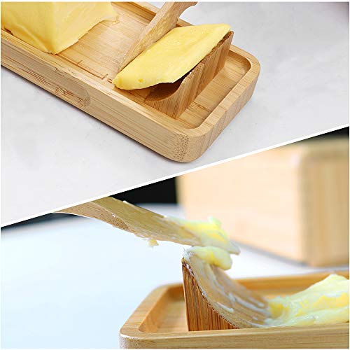 Bamboo Butter Dish with Measurements and Knife by HTB, Smart Covered Butter Keeper, Extended Feet to Keep Butter Mess Off the Table, Easy Scoop Ramps, Magnetic to hold the butter-covered knife