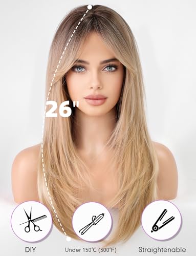 WOKESTAR Long Straight Wigs for Women with Curtain Fringe Layered Synthetic Color Hair(Blonde with Dark Roots) - Image 3